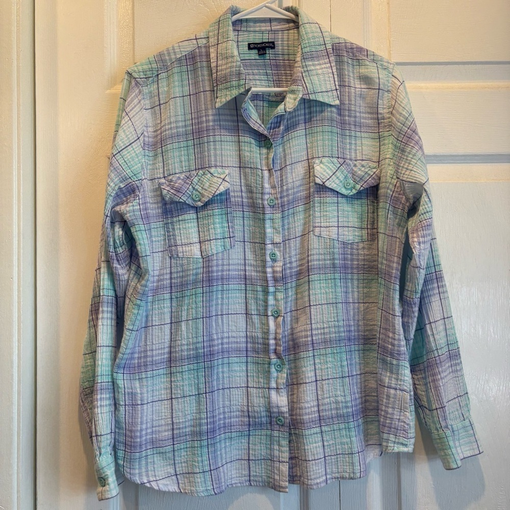Vintage North Crest Blue and Purple Plaid Long Sleeve Button Up - Size Large